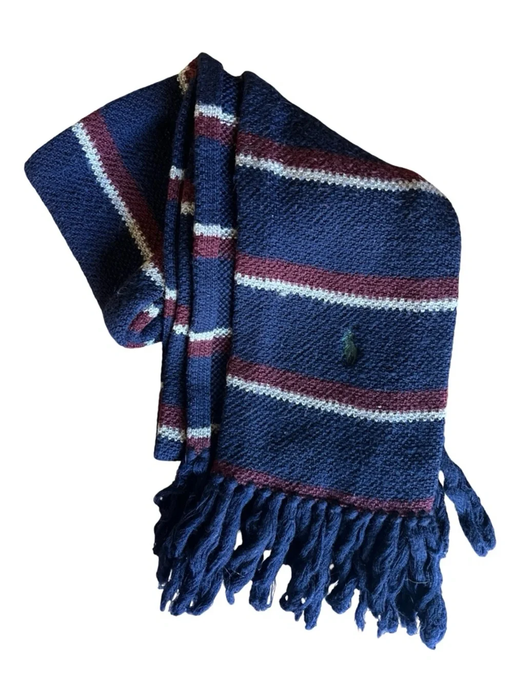 VTG POLO RALPH LAUREN 100% Merino Wool Striped Scarf Logo Blue Classic Luxe Prep